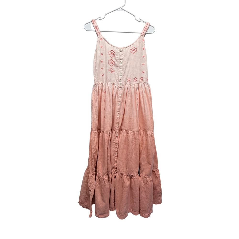 Bombay Paisley Pink Ombre Embroidered Tiered Maxi Dress Button Front Pockets